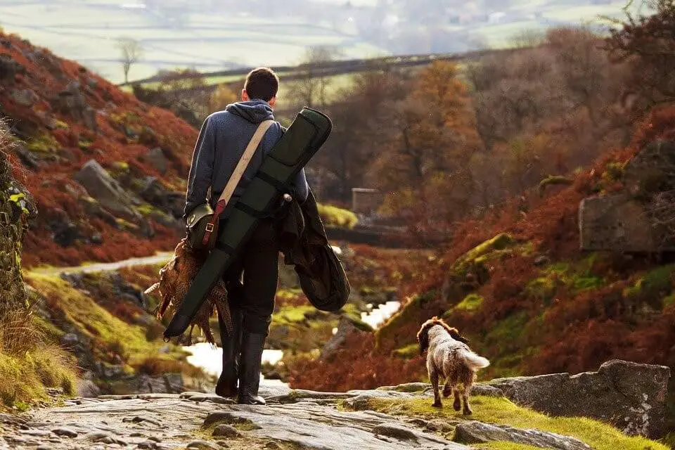 Hunter with a rifle and hunting dog